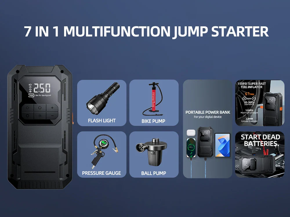Heavy-Duty 4-in-1 Car Jump Starter with Air Pump and Power Bank