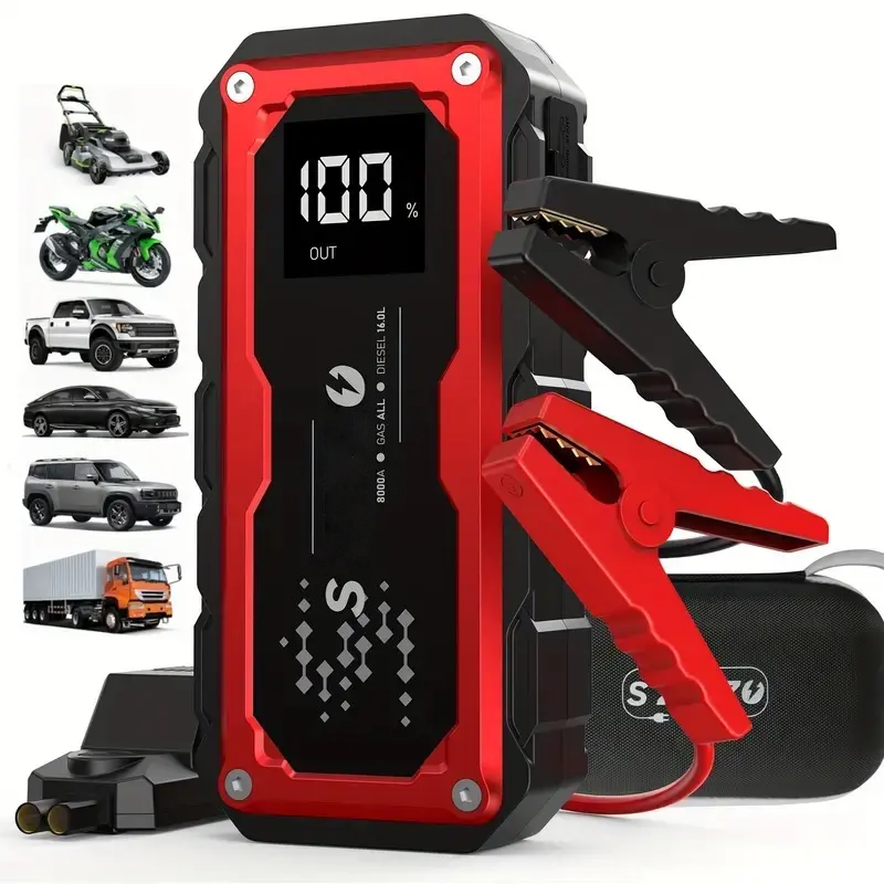 8000A Peak Portable Car Jump Starter with LED Light – Emergency Booster Battery Pack, Power Bank, Wireless Charging, Car Battery Jump Starter Tool